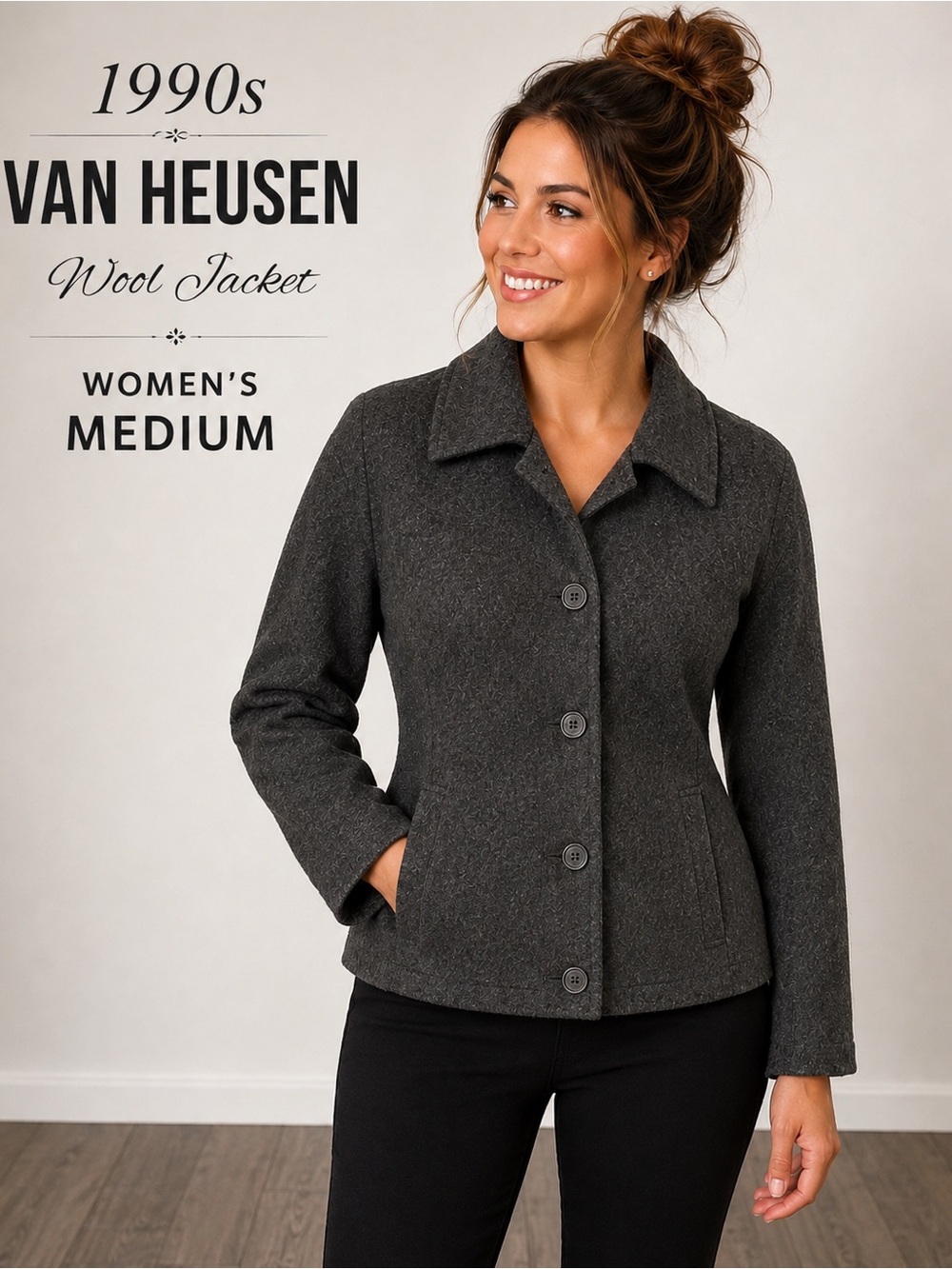 Vintage 90s Van Heusen 100% Wool Charcoal Jacket M